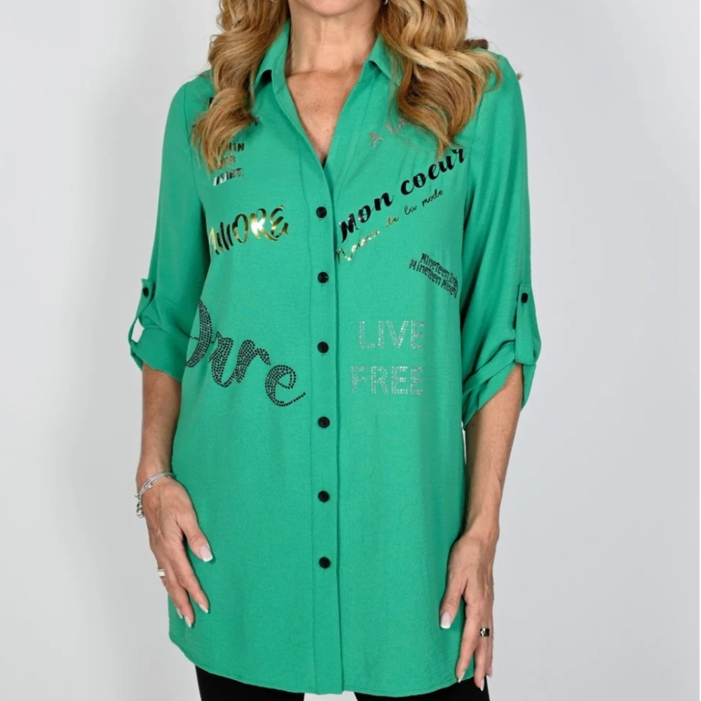 Frank Lyman Green Embellished Button-Up Tunic